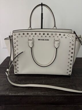 Michael Kors White Studded Leather Satchel with Silver Accents